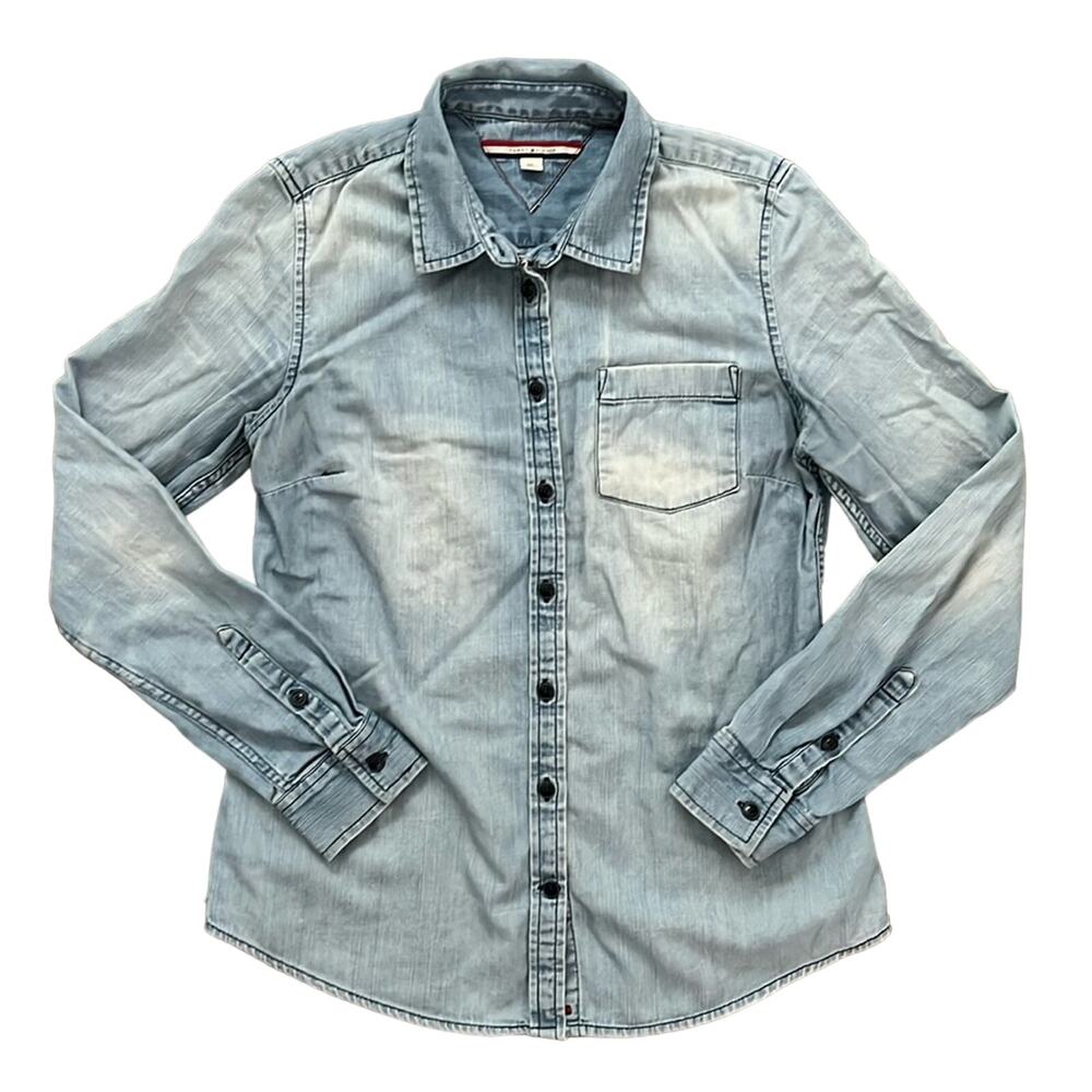 Tommy Hilfiger Women's Long Sleeve Blue Denim Casual Button Down Shirt Size SP‎